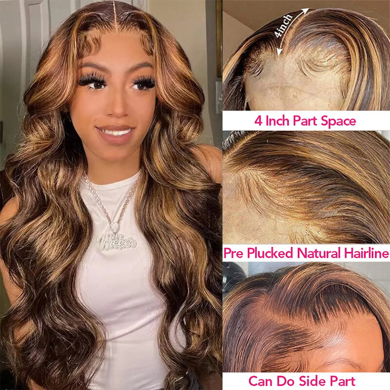4/27 podkreśla peruka Body Wave ludzkie włosy koronkowe peruki z przodu brazylijski miód blond przezroczysty 13x6 Hd peruki typu Lace Front dla kobiet