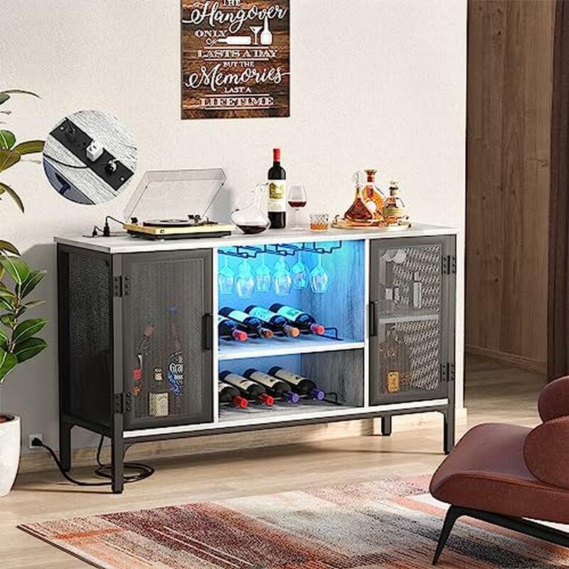 Armoire de bar à vin à lumières LED industrielles avec prises de courant, étagères réglables, rangement français de ferme ou de verres, armoire TV