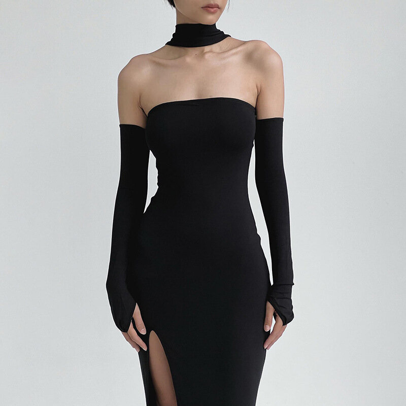 Черное длинное женское платье для выпускного вечера, одежда из трех способов, сексуальное вечернее платье с разрезом сбоку, платье для вечеринки с длинным рукавом, горячая Распродажа, одежда для улицы, халаты