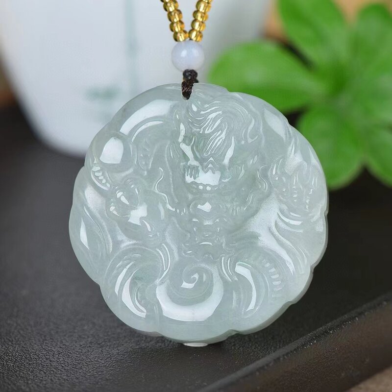 Tianshan Jade Pendant Natural Ice Green Stone Necklace Pendants Auspicious Dragon Amulet Jewellery Man Women Charms Jewelry 50mm