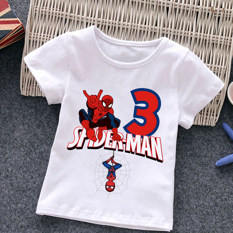 Spiderman Kid T-Shirt compleanno numero 1-10 Marvels T Shirt bambini Cartoon Kawaii abbigliamento Casual Super Hero Boy Girl Tee Shirt