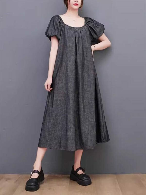 فستان دنيم فرنسي كلاسيكي بأكمام فقاعية للنساء ، متوسط الطول ، نحيف ، كاجوال ، فضفاض ، مقاس كبير ، k880 ، الصيف ،