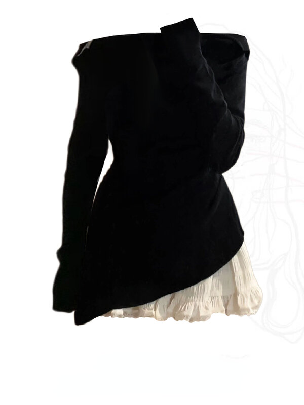 Conjunto de 2 suéteres de punto con cuello oblicuo y hombros descubiertos para Mujer, Ropa de retazos con volantes de encaje, Sexy, a la moda, combina con todo