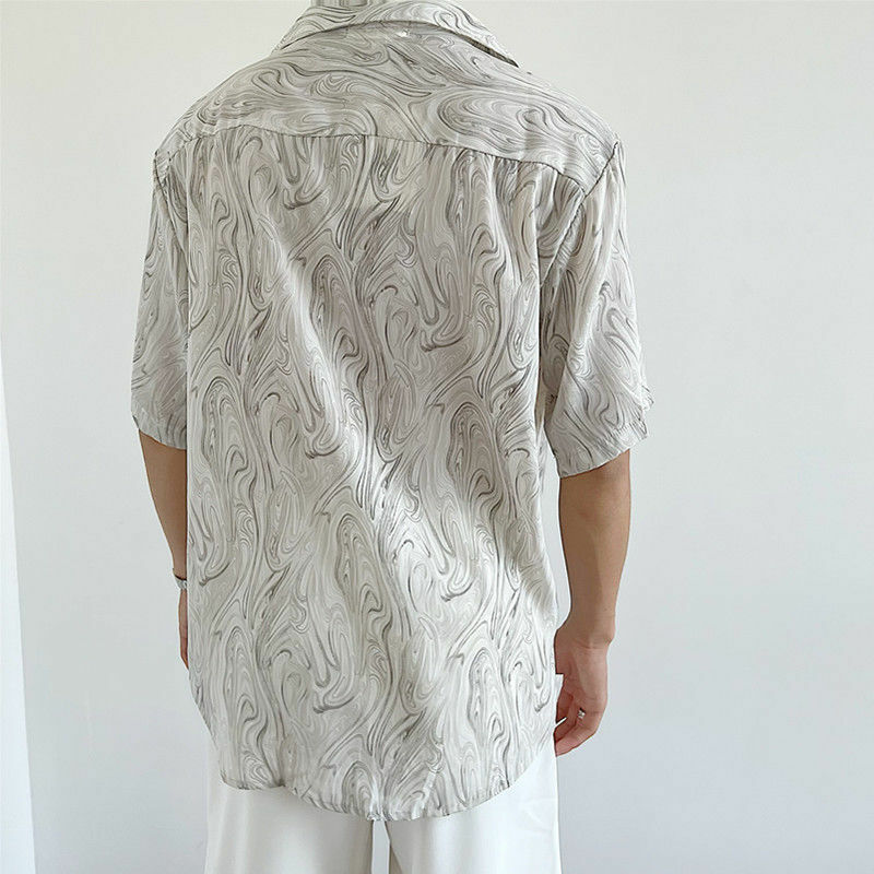 Мужская тонкая рубашка с короткими рукавами, свободная облегающая Повседневная рубашка в стиле ретро, с волнистым узором, лето
