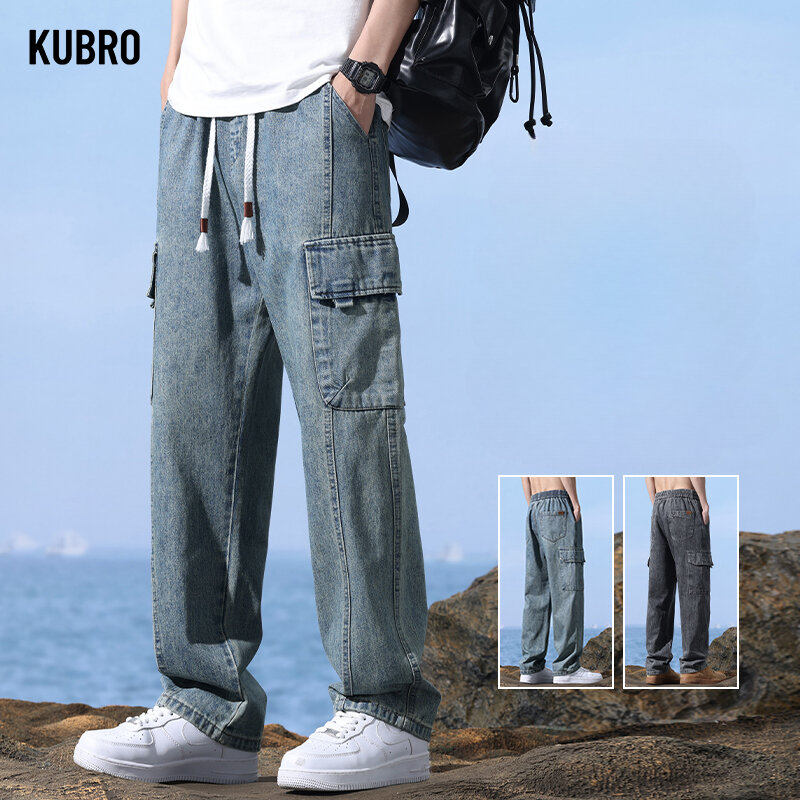 KUBRO-Calça jeans casual masculina, jeans reto solto, elástico na cintura, calça jeans com renda, moda de rua Harajuku, nova, primavera, 2022