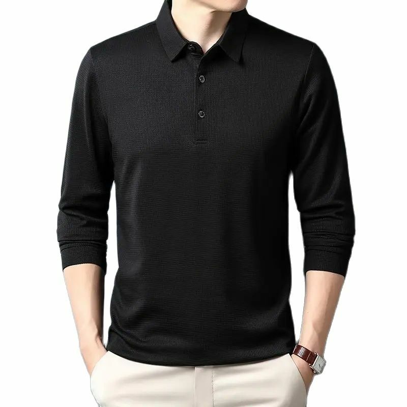 SHiONFA t-shirt tinta unita a maniche lunghe da uomo Waffle elasticità per il tempo libero abbigliamento autunnale comodo colletto rovesciato Polo Casual 4XL