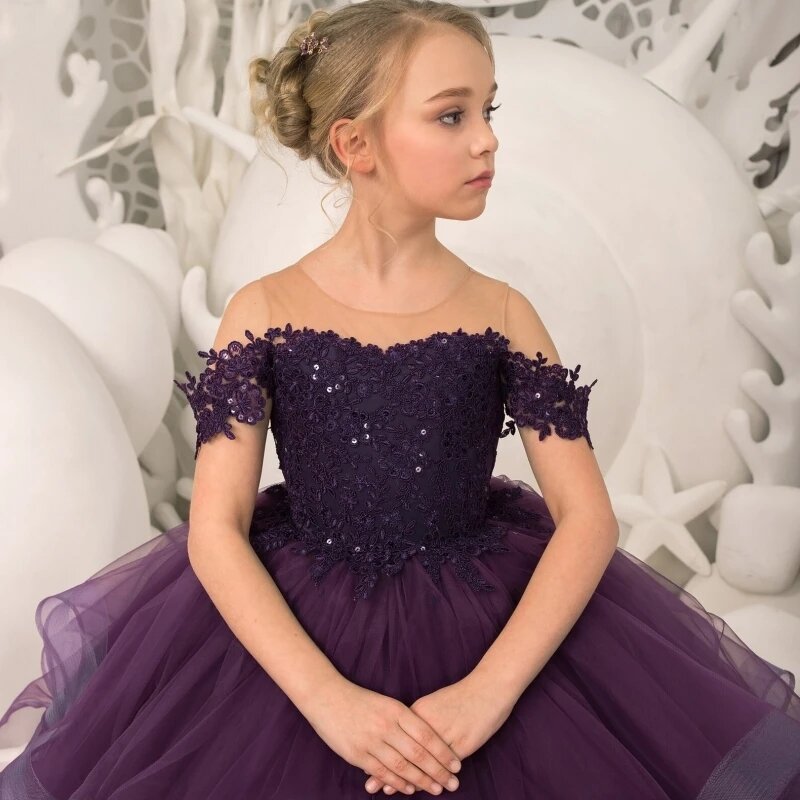 Purple Lace Ruffy Flower Girl Dress Lace Ball Gown Wedding Party Birthday Gown for Kids Princess Tulle First Communion Gown