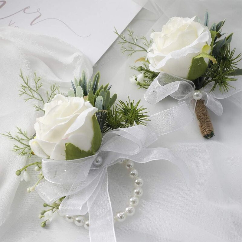 2pcs Ivory Rose Wrist Corsage Wristlet Band Bracelet and Men Boutonniere for White Wedding Flower Accessories Prom Decorations