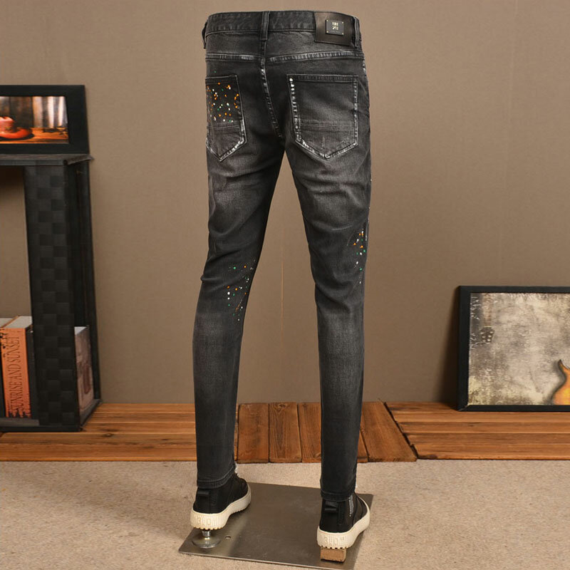 Główna ulica modne dżinsy męskie Retro czarny szary rozciągliwe dopasowanie pasuje do porwane jeansy mężczyzn malowanych designerskich spodnie dżinsowe w stylu Vintage Hip Hop