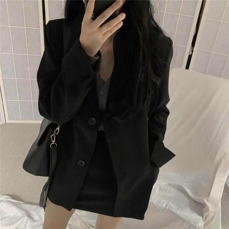 Blazer negro de moda coreana para mujer, Chaqueta de traje, abrigo Vintage holgado, abrigo de traje minimalista para chica joven