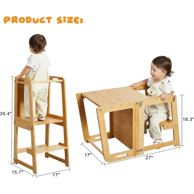 4-in-1 Standing Tower for Toddlers and Kids 1-6 Years, Bamboo Kitchen Learning Helper Stool w/ Chalkboard, Desk Table & Chair
