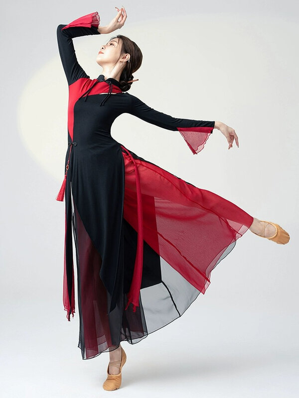 Cheongsam roupa longa exercício, Top de dança clássica, estilo étnico antigo, elegante calça de gaze, fantasia de performance