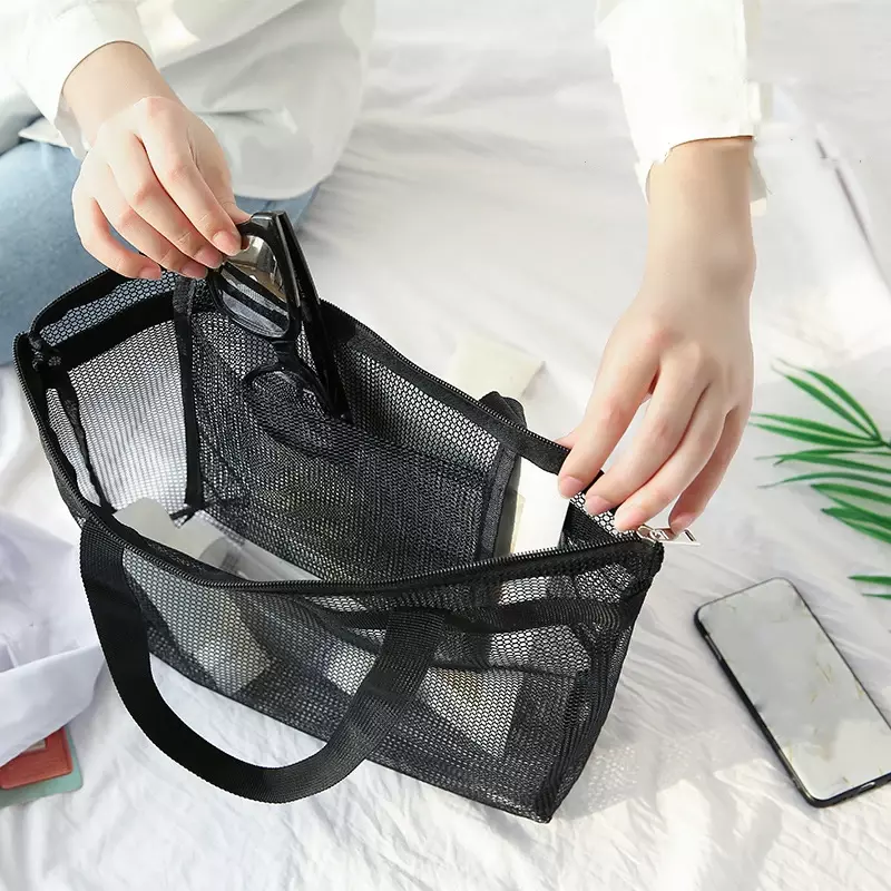 Bolsas de almacenamiento lavables para mujer, bolso de compras reutilizable, pequeño, de malla transparente, para frutas y verduras, color negro