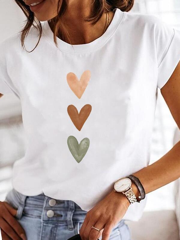 Kaus grafis wanita Fashion wanita kasual lengan pendek kaus pakaian T cetak manis cat air hati cinta wanita