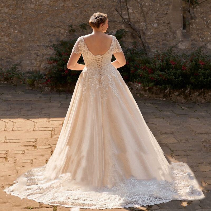 Elegant A-Line Boho Wedding Dresses Plus Size V Neck Short Sleeves Lace up Back Bridal Gowns Appliques Vestidos De Novia