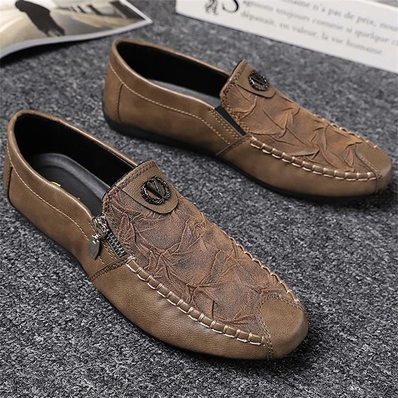 Four Seasons Single Shoe Zipper Casual Leather Men's Shoes One Foot Lazy Soft Breathable Soled Driving Men Masculino Adulto