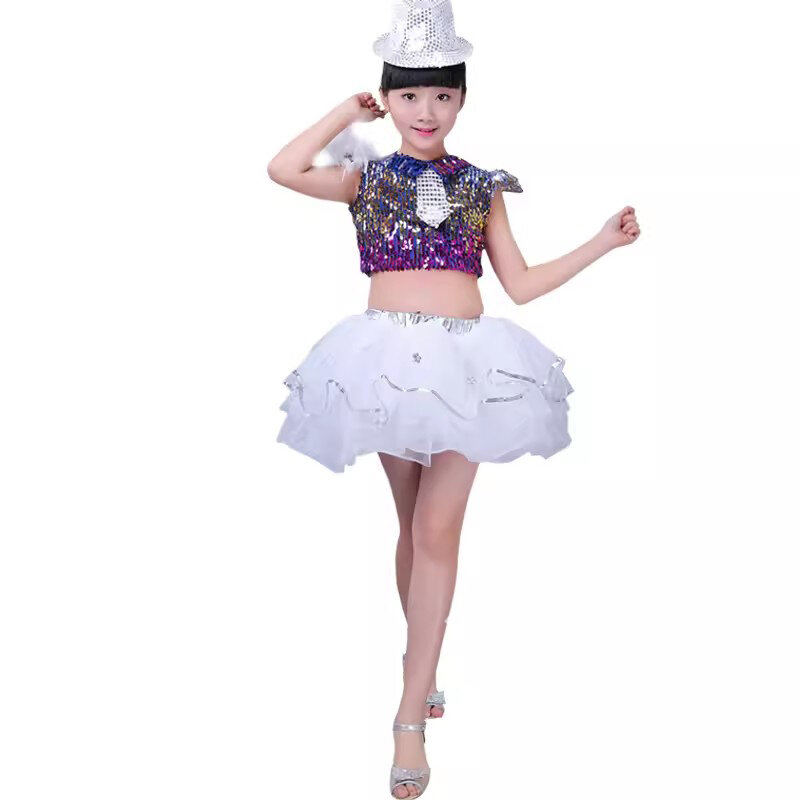 소녀용 재즈 댄스 스트리트 공연 의상, 어린이 현대 무용 모델 캣워크 스팽글 의상 스커트