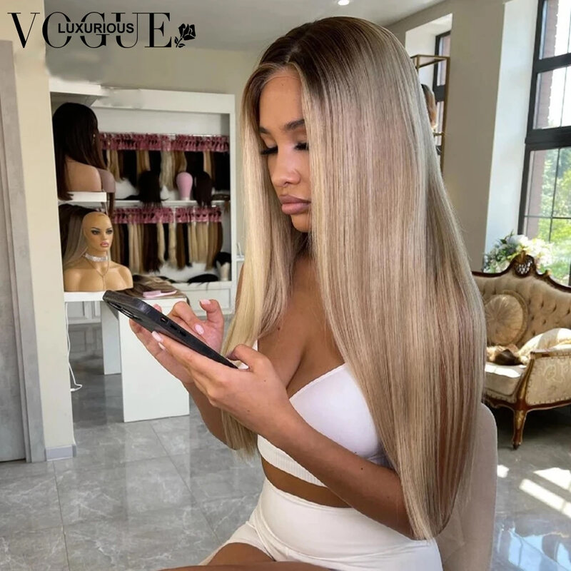 Ash Grey Highlight Human Hair Glueless Closure Ready To Go Wig 13X4 HD Transparent Lace Frontal Wigs Straight Natural Hairline