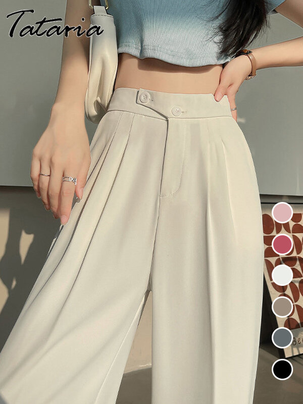Calça larga de escritório feminina, cintura alta, branca, reta, calça empilhada com bolsos, botão duplo, calça clássica, 2023