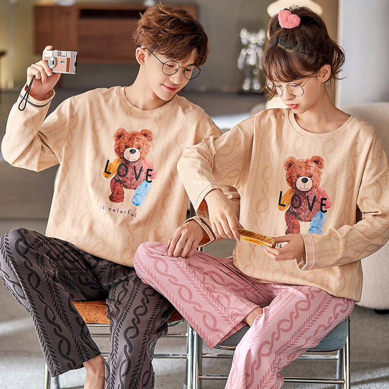 Conjunto de pijamas de algodão manga comprida masculina e feminina, estampas de desenhos animados pijamas de lazer, pijamas para casais, casa combinando, primavera, novidade