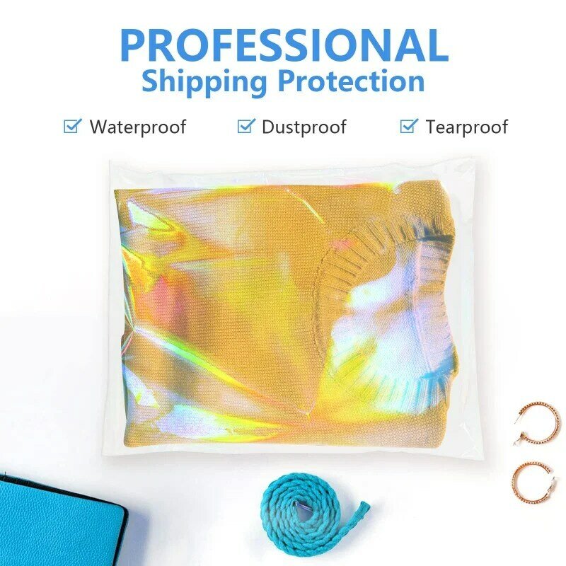 Bolsas de celofán holográficas iridiscentes personalizadas, autosellables, embalaje de plástico para alimentos y ropa