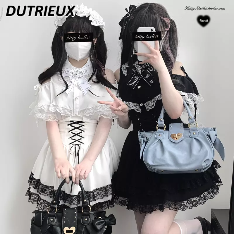 Lolita Japanse Stijl Kant Off-Shoulder Shirt Lente Zomer Dames Tops Mode Zoete Schattige Korte Sleve Blouse Voor Dames