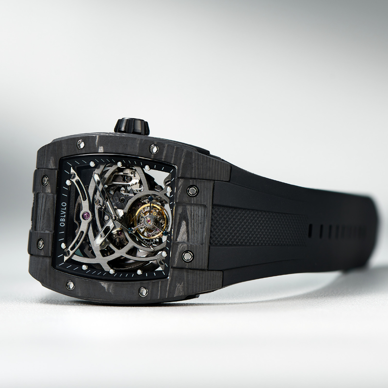 Obvlo jam tangan otomatis Tourbillon hitam semua merek Top olahraga Skeleton bercahaya Wine Barrel karbon casing serat karet EM-RT