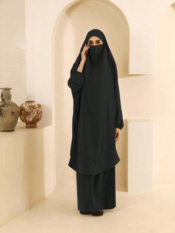 Ramadan Jilbab 2 piece Set Muslim Women Hijab Dress Prayer Garment Abaya Long Khimar Arab Gown Abayas Sets Islamic Clothes Robe