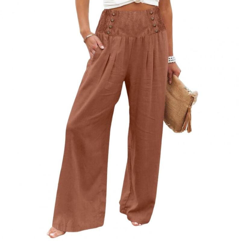 Pantalones informales de pierna ancha para mujer, ropa de calle con bolsillos y botones decorativos, cintura elástica, verano, 2024