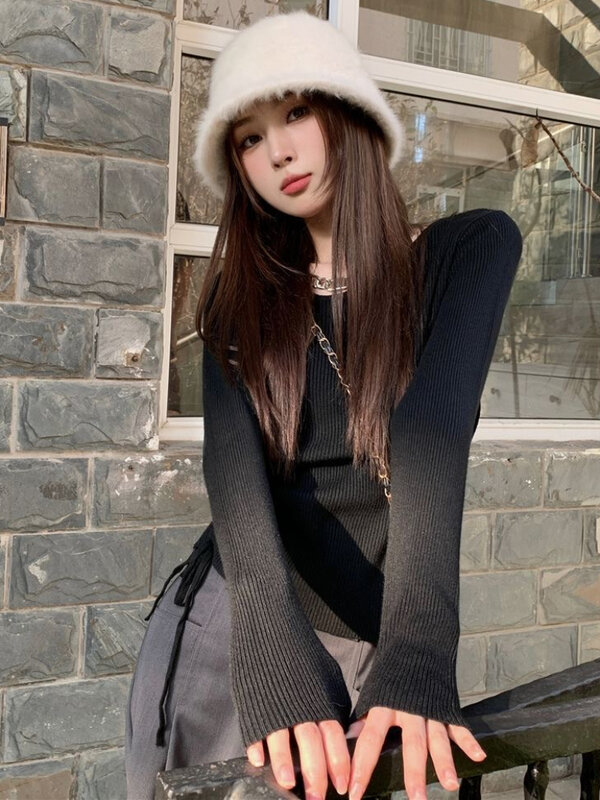 Sweater wanita, sweater tidak teratur wanita ramping Shirring padat elegan Hollow Out gaya Jepang komuter sederhana musim gugur Ins estetika anak muda