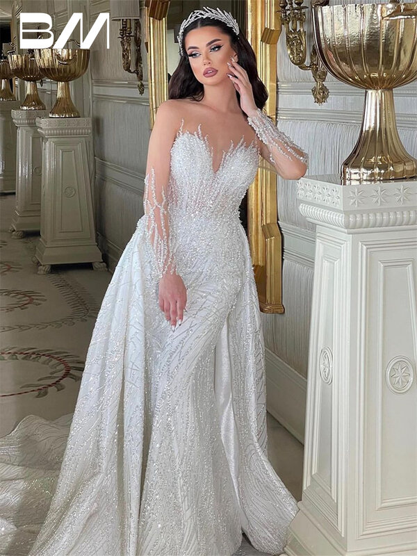 Gaun pengantin manik-manik kerah tipis 2 in 1 gaun pengantin bordir dengan ilusi gaun pengantin kustom kereta dapat dilepas
