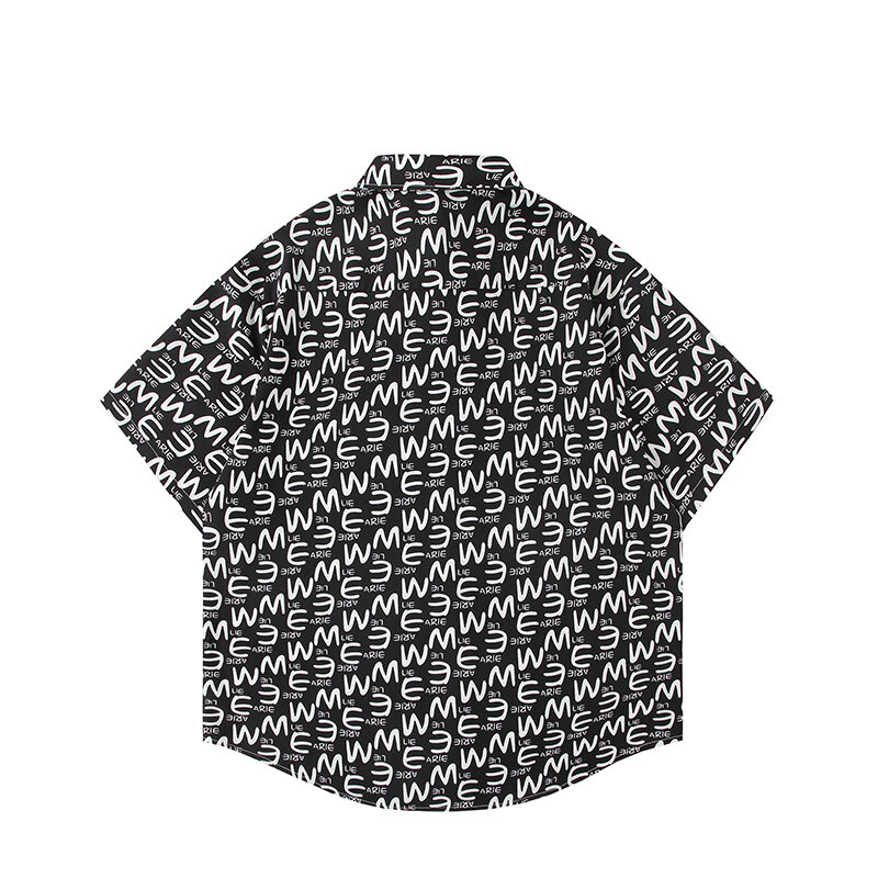Camisa masculina de manga curta, seda gelada, letras impressas, design sense todo, estilo mar, tendência de verão, imagem plana
