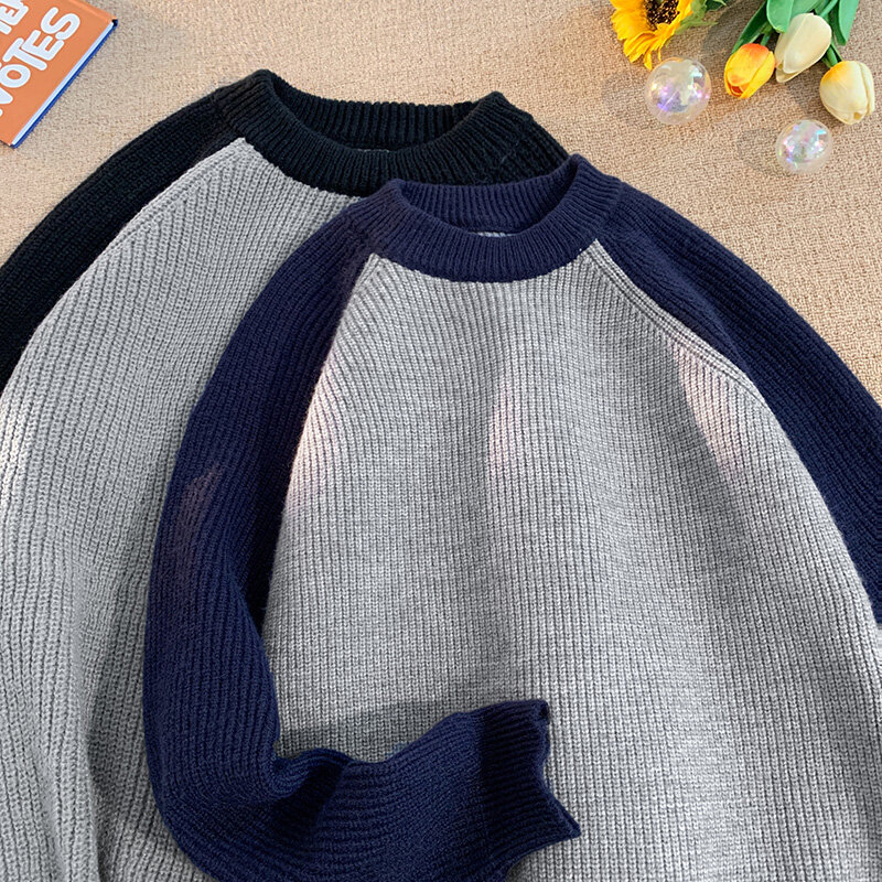 Suéter de malha de manga comprida masculino, pulôveres com gola redonda, contraste de cor, tops casuais, moda masculina, primavera, outono, I572, 2023