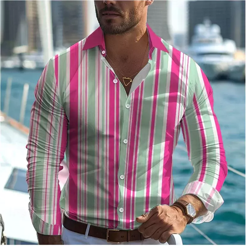 Men's 3D striped printed long sleeved shirt, Hawaiian beach vacation comfortable fabric casual wear, summer, 2024