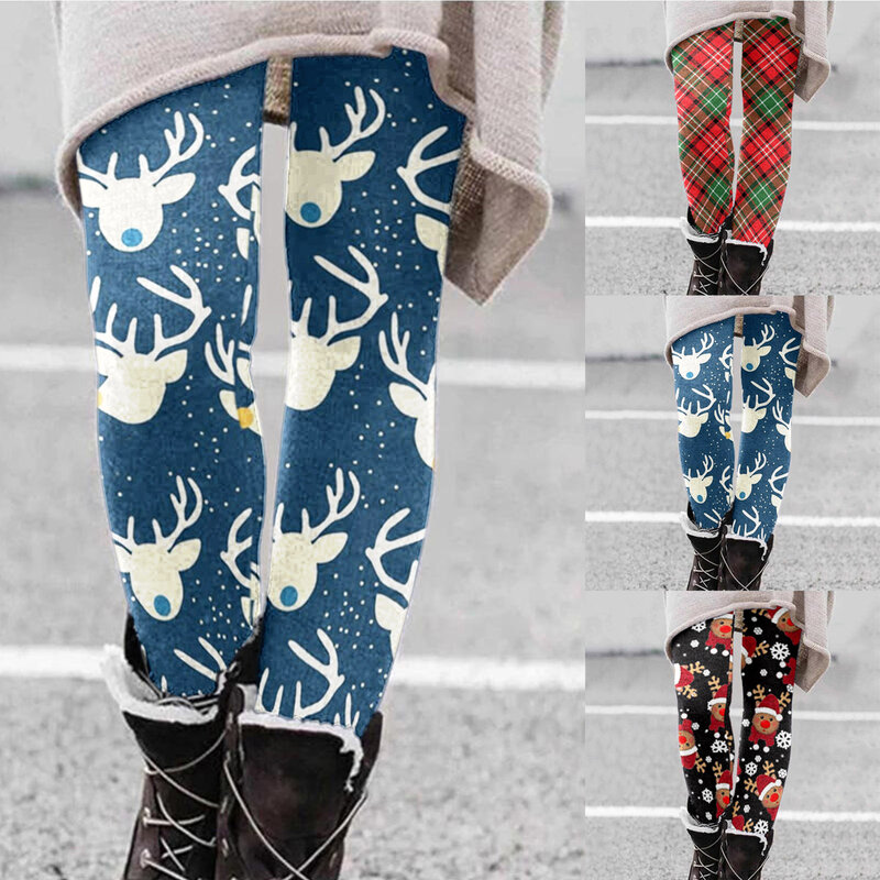 Leggings de cintura alta feminina com padrão estampado, calça emagrecedora, fantasia de Natal, casual, conforto, quente, elegante, inverno, 2024