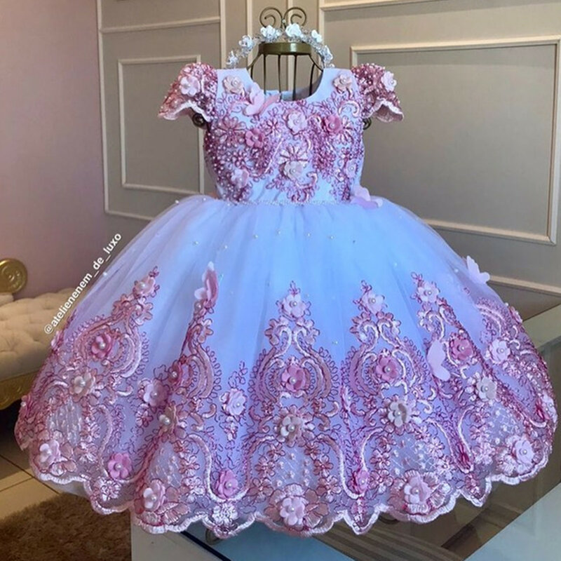 Luxury Princess Applique Flower Girl Dresses For Wedding Tulle Pearls Ball Kids Pageant Gown festa di compleanno prima comunione Wear