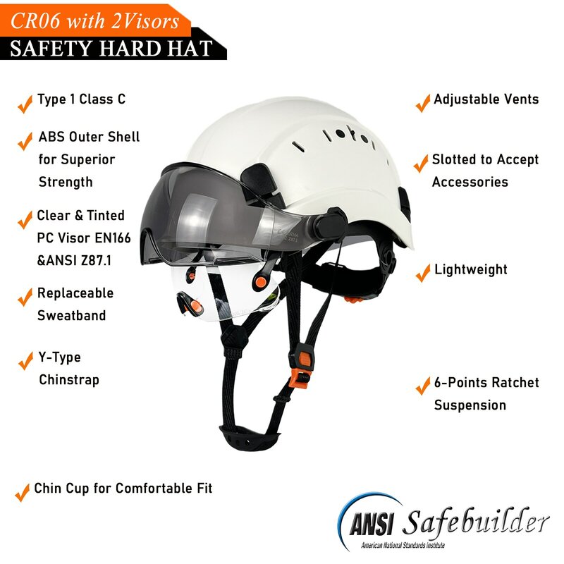 透明なバイザー付きの安全ヘルメット,6ポイントの調整可能な作業用ヘルメット,承認されたansi z89.1