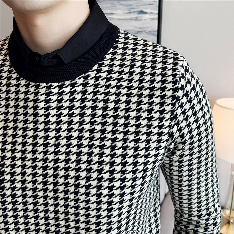 남성 겨울 보온 뜨게 스웨터, 남성 슬림 핏 고품질 셔츠 칼라, 가짜 투피스 풀오버 스웨터, 2023 브랜드 의류