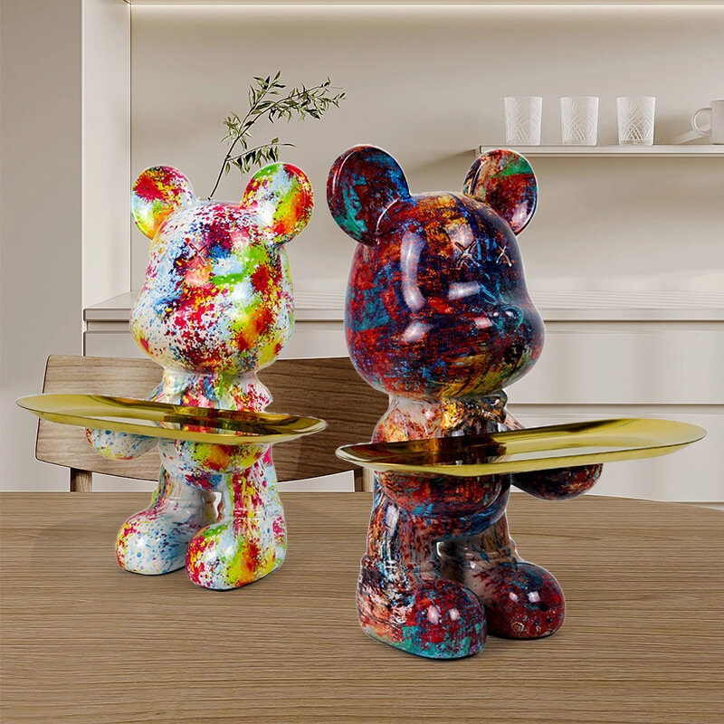 Estátua de urso com bandeja de armazenamento, escultura animal, artesanato para chaves, diversos petiscos, bandeja de resina, decoração de mesa