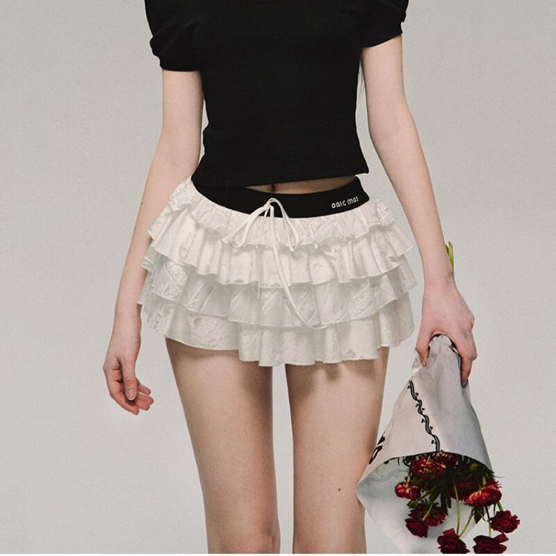 Deeptown Kawaii Sexy Ruffle White Mini Skirt Fairycore Cake Pleated Lace Up Short Skirts Coquette Casual Layered Patchwork Skirt