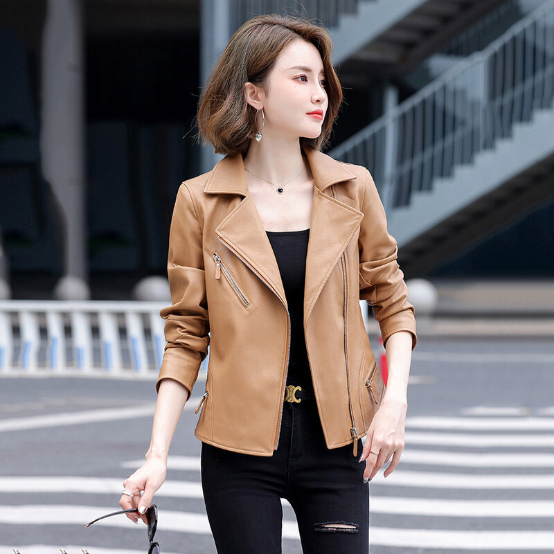 New Women Biker Leather Jacket Fashion Suit Collar Moto Coat Slim Split Leather Outerwear Long Sleeve Sheepskin Tops Coat