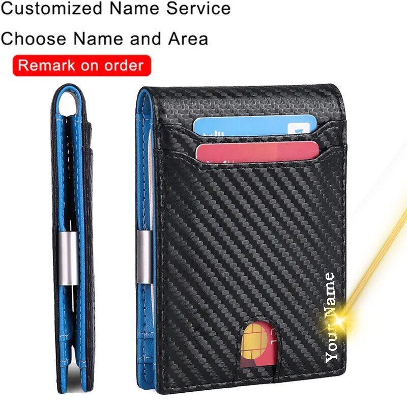 Tarjetero de cuero de fibra de carbono con logotipo personalizado para hombre, cartera Retro con Clip para tarjetas de identificación RFID, monedero