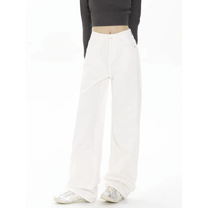 Y2K celana panjang Jin kaki lebar wanita, celana panjang Denim Harajuku dasar cantik desain modis musim gugur warna putih