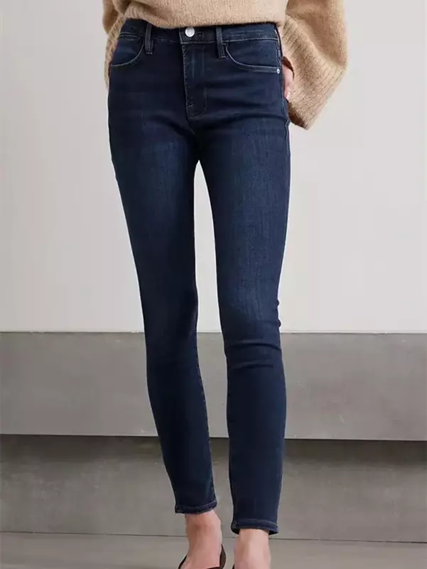 Calça jeans skinny de cintura alta feminina, jeans fino, tudo combina, moda, outono