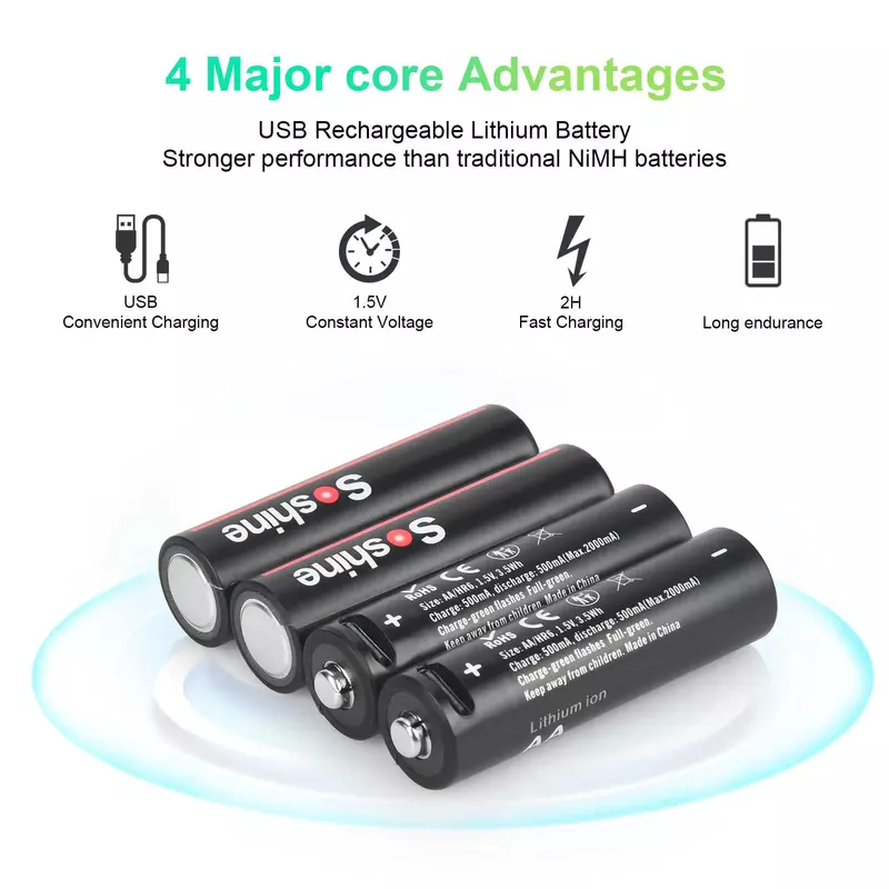 Soshine 1,5 v usb 3500mwh lithium batterie aa wiederauf ladbare batterien mit 4-in-1 usb kabel für rauchmelder spiel maschine kamera