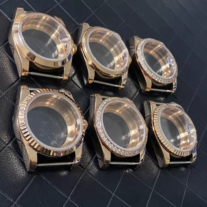 Akcesoria do zegarków Etui 36/39mm przezroczysty PVD pierścień z ostrygami w kolorze różowego złota do kalibru NH35/36