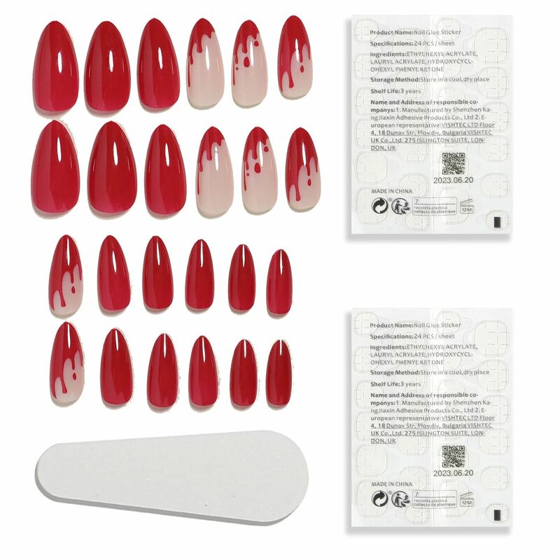 24Pcs Simple Wine Red Fake Nail with Glue Mid-length Almond Press on False Nails Wearable Round Head Oval Full Cover Nail Tips