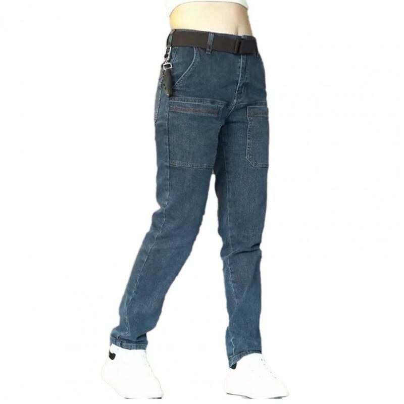 Proste spodnie jeansowe Retro dżinsy spodnie z wiele kieszeni zamkiem błyskawicznym dla mężczyzn średnio wysoka talia prosty krój dla