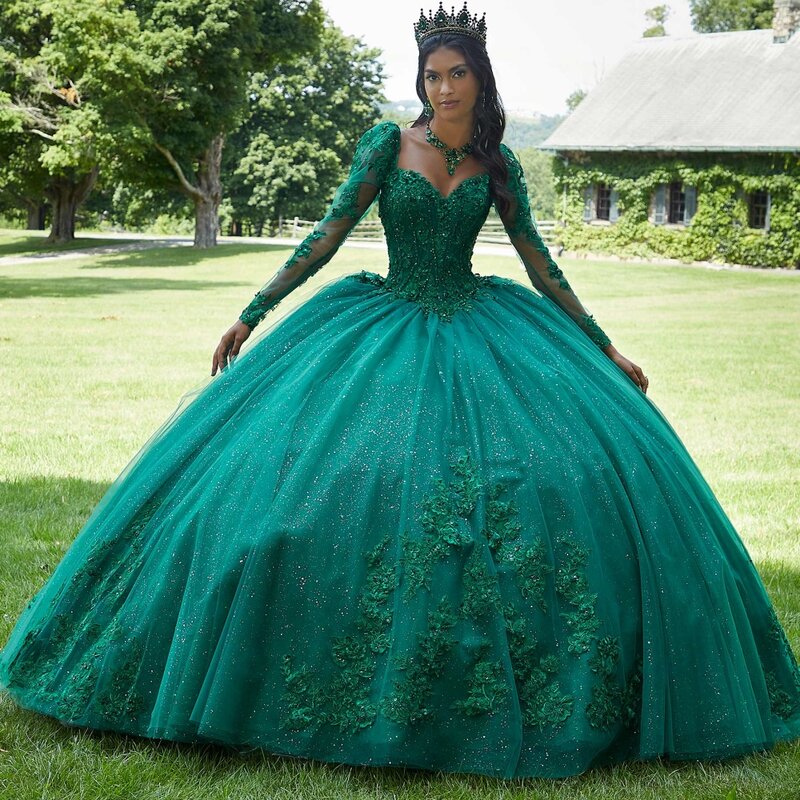 Odpinane bufiaste rękawy Quinceanrra suknie balowe wykwintne aplikacje księżniczka długie błyszczące cekiny koraliki słodkie 16 sukienki Vestidos