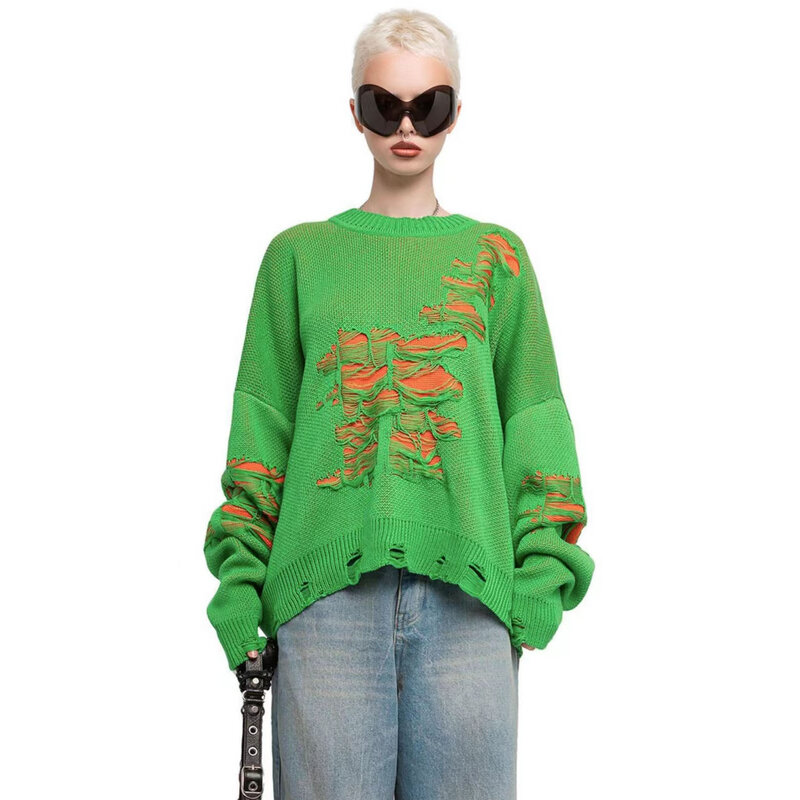 Suéter suelto informal para mujer, Blusa de manga larga con agujeros a juego, Color perezoso, tendencia callejera, Otoño e Invierno